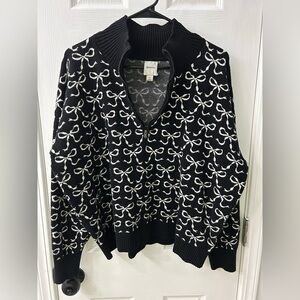 Anthropologie Maeve Black and White Bow Pattern Quarter-zip Sweater